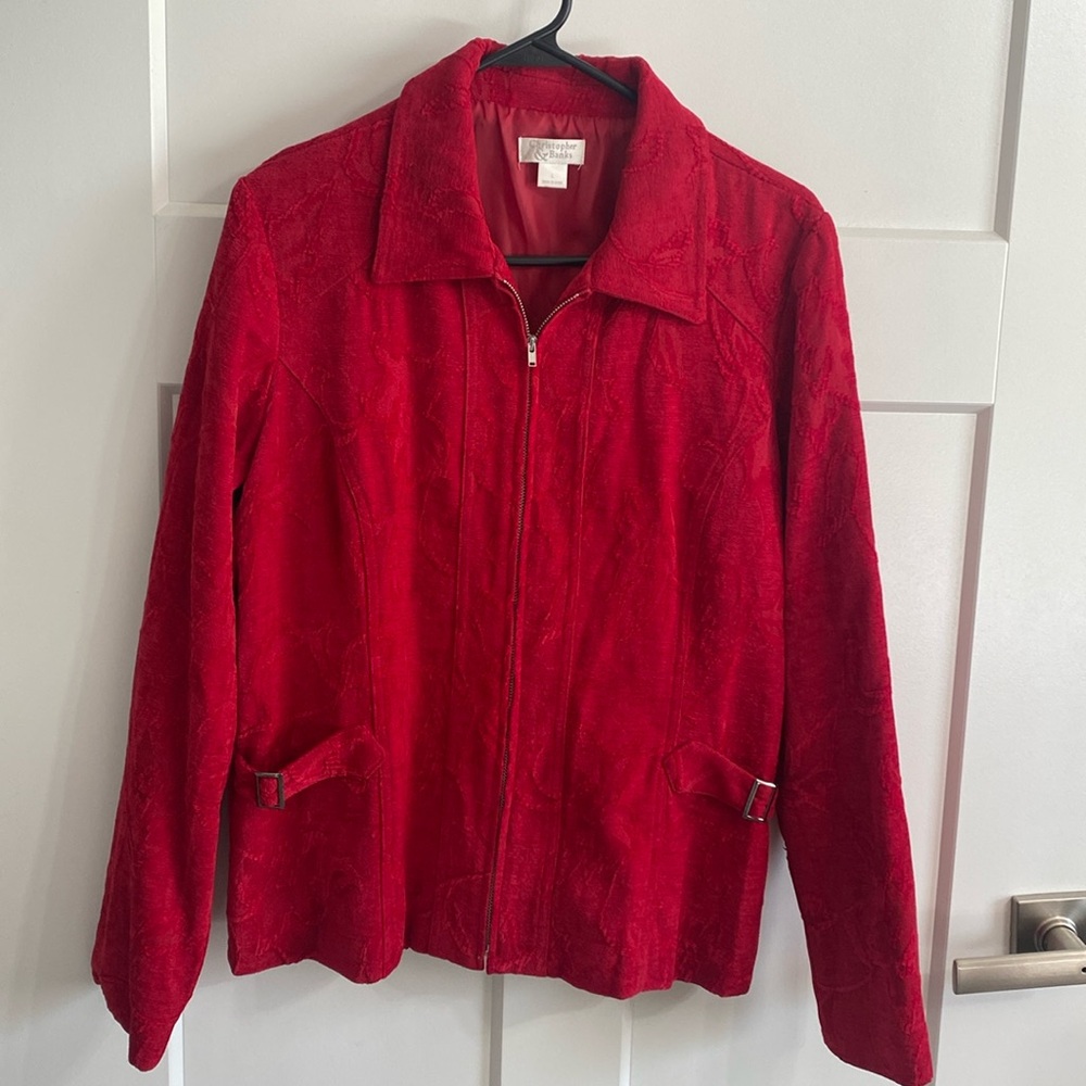 Christopher & Banks red damask zipper blazer jacket belted sides textured L